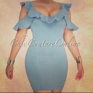 Denim Cold Shoulder Ruffle Dress
